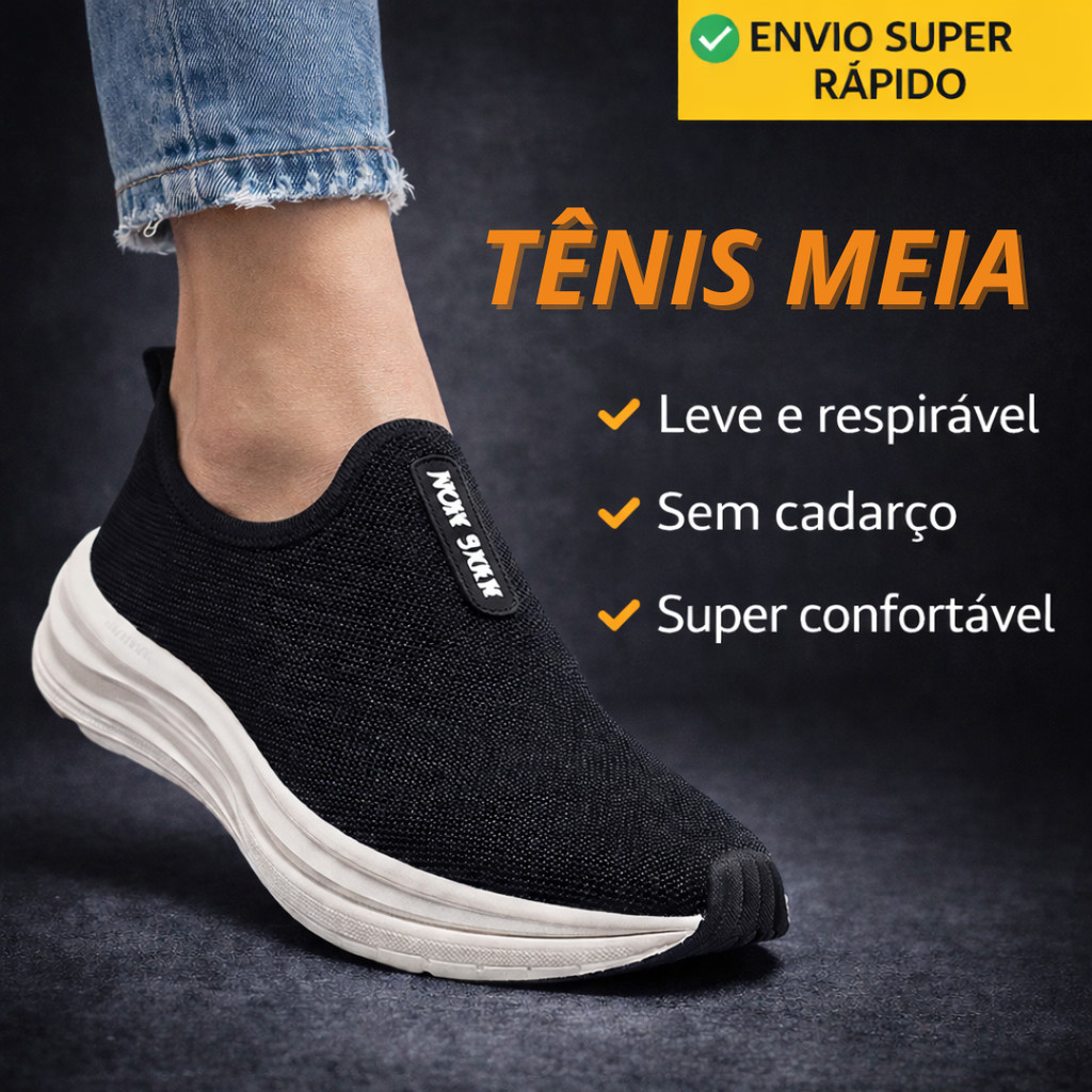 Tênis Meia Sem Cadarço Macio Leve e Confortável – Tênis PRETO Slip On Unissex