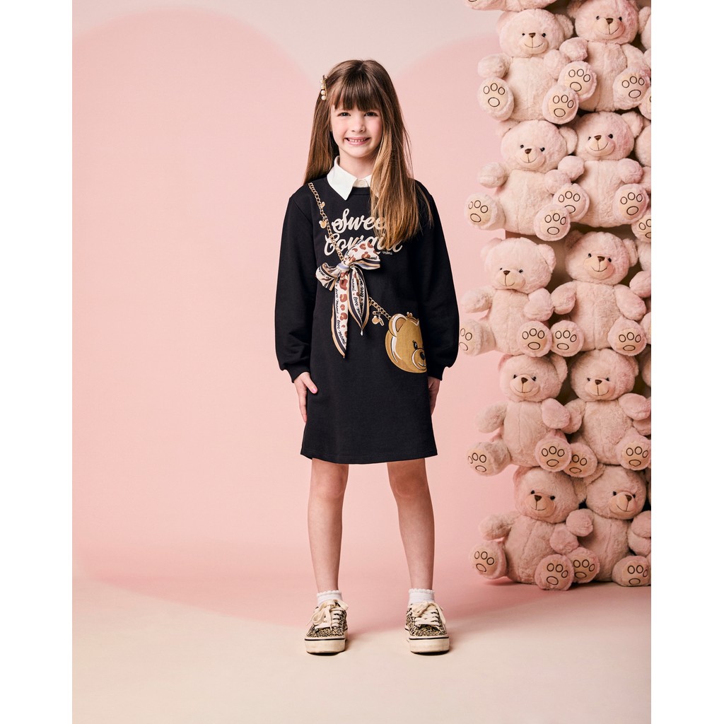 Vestido Momi Infantil Manga Longa Bolsa Urso e Lenço 8 ao 16