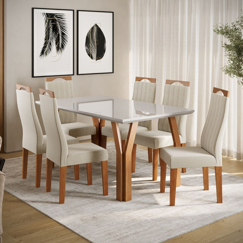 Conjunto Sala de Jantar Mesa 154cm com Tampo de Vidro Atlas com 6 Cadeiras Grécia Madetal