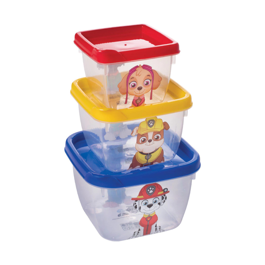 Kit 3 Potes de Plástico Conect Quadrados Patrulha Canina Plasútil Lancheira Passeio Escola