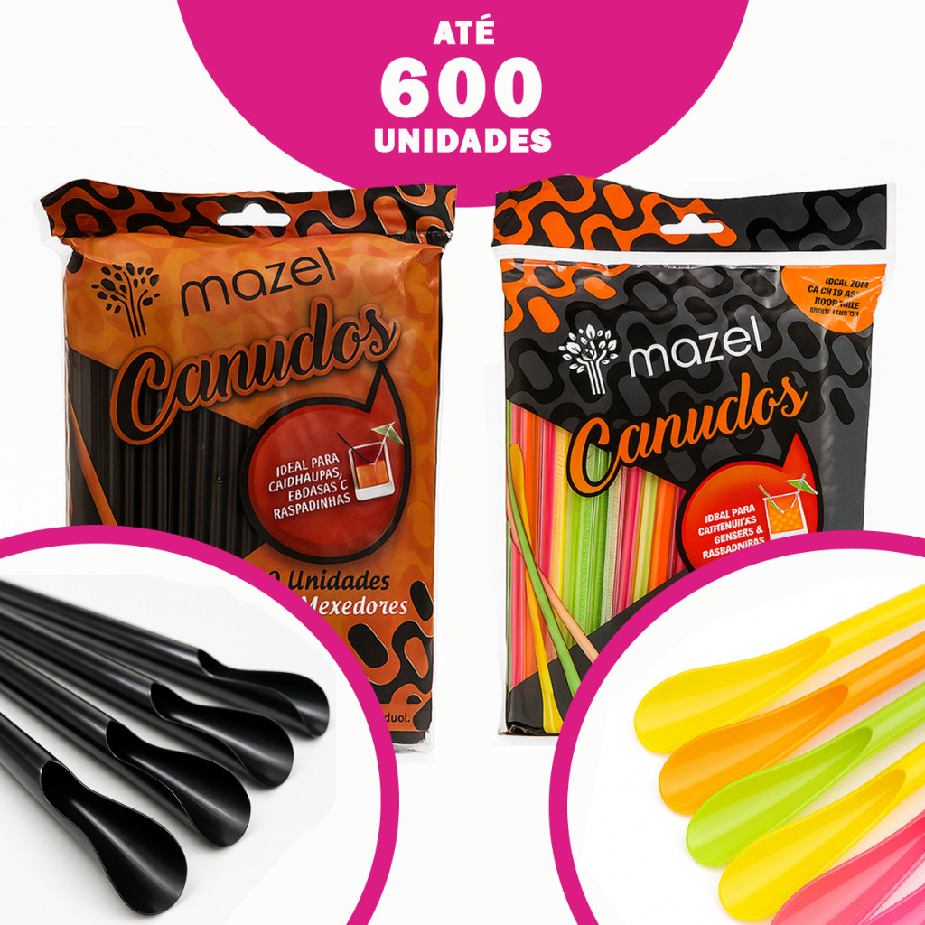 Kit 600 Canudos Mexedor Colher para Drinks Caipirinha Festa Bar Neon ou Preto