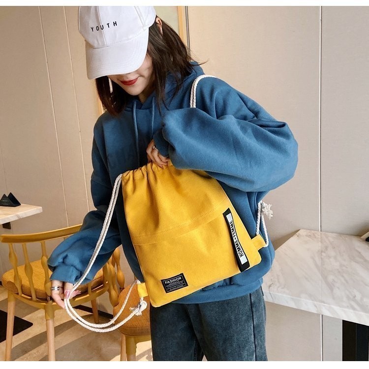 Mochila Feminina De Lona Com Cordão E Bolso , Simples Leve Para Estudantes , Bolsa Esportiva Pequena De Pano