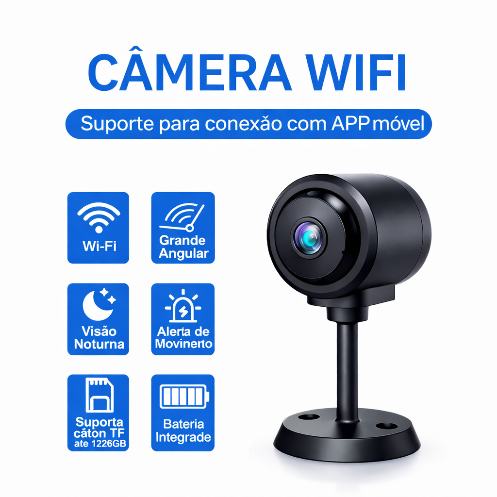 Câmera Espiã Mini WiFi Sem Fio com Bateria HD Visão Noturna Monitoramento Remoto por App
