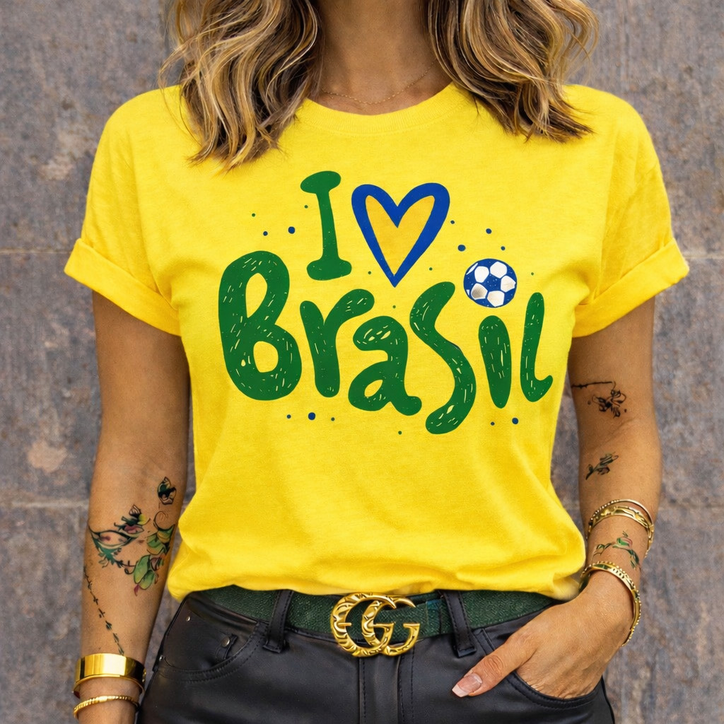Camiseta Feminina Brasil Copa do Mundo I Love Brasil Blusa Casual Torcedor Futebol 100% Algodao Premium 30.1