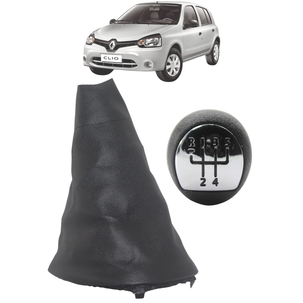 Kit Coifa de Cambio Manopla Clio 2000 a 2016 Preta Courvin com Bola Preta Lente Cromada