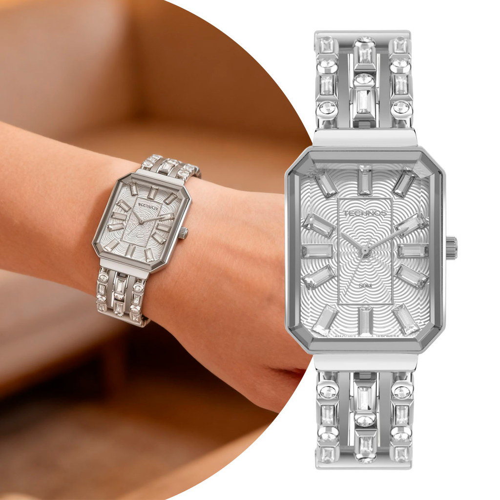 Relógio Feminino Analógico de Pulso à Prova D Água Prata com Pedras Quadrado Luxo Fashion Casual Social Technos