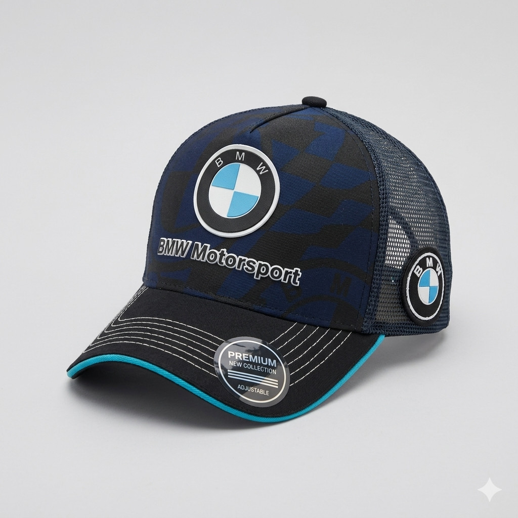 Boné BMW Motorsport Trucker Premium – Aba Curva Tela Respirável Ajustável Casual