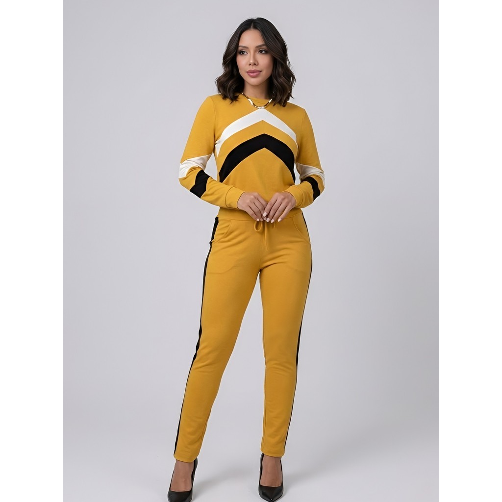 Conjunto Calça Blusa Cintura Elástica Bolsos Laterais Gola Redonda Leve e Confortável Outono Premium