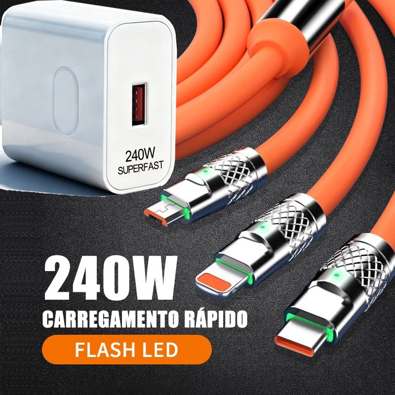 Cabo De Dados 3 Em 1 De Carregamento Rápido 1.2M Micro USB Tipo-C iOS Multi-Porta 240W Adaptador Flash Led Cabos Para Ca em Oferta na Shopee
