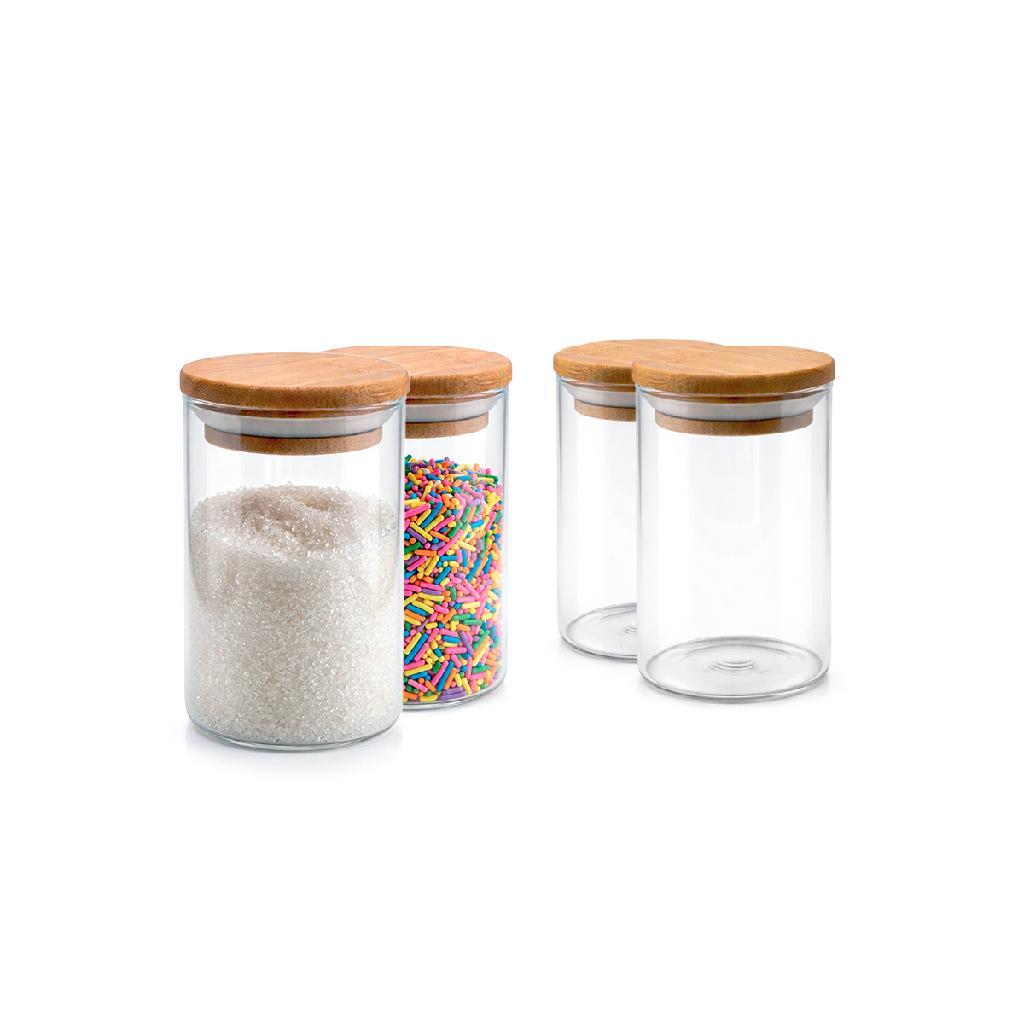 Kit 4 Potes Vidro Tampa Bambu Tempero Hermético 250ML Cozinha Transparente Mantimentos Vedação