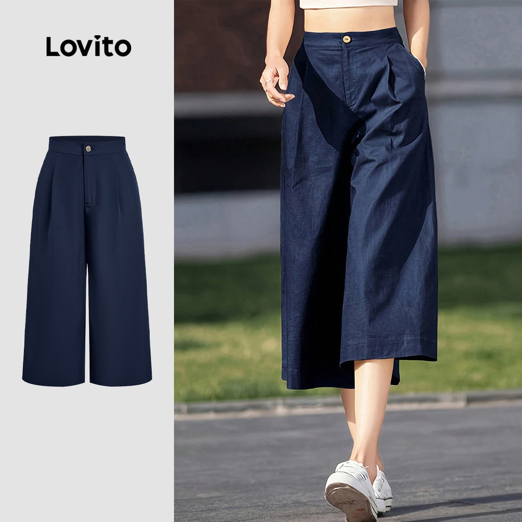 Lovito Calça Casual Botão Primavera/verão Calça Azul Marinho para Mulheres LBL31015 em Oferta na Shopee