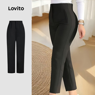 Lovito Calças elegantes com estrutura de bolso e zíper primavera/verão calças pretas para mulheres LBL32275 em Oferta na Shopee