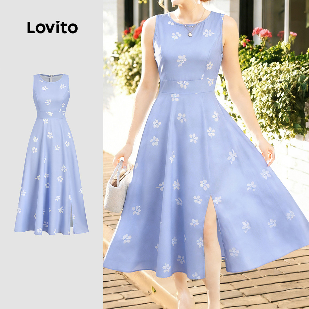 Lovito Vestido Boho Dividido Linha Estrutural Assimétrica Azul Claro para Mulheres L177AD158