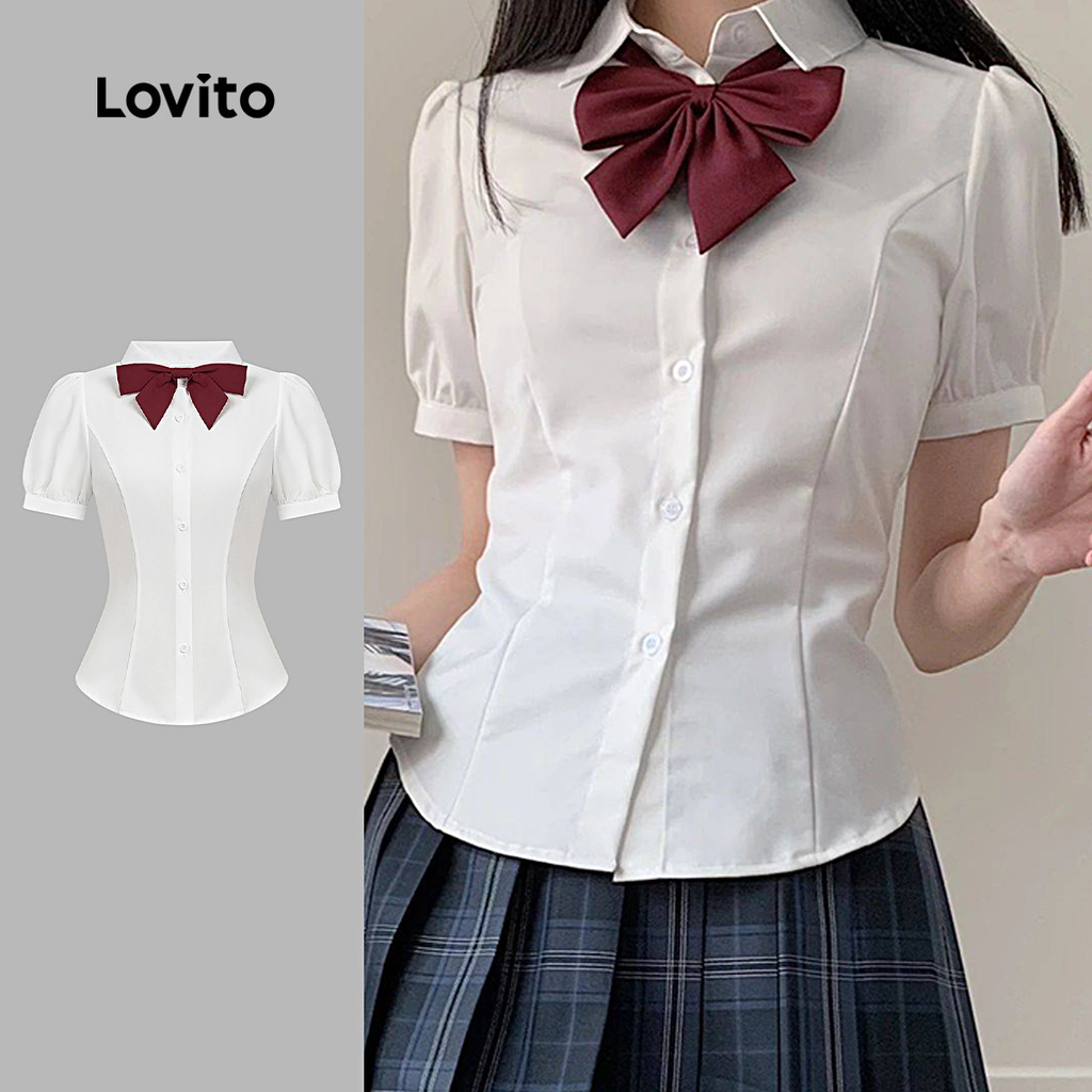 Lovito Blusa Preppy com Amarração No Pescoço Primavera/verão Blusa Branca para Mulheres L179AD402