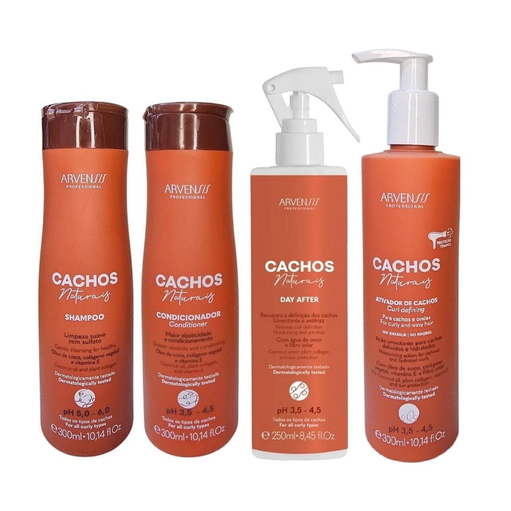 Kit Arvensis Cachos Naturais - Shampoo 300ml + Condicionador 300ml + Ativador De Cachos 300ml + Day After  250ml