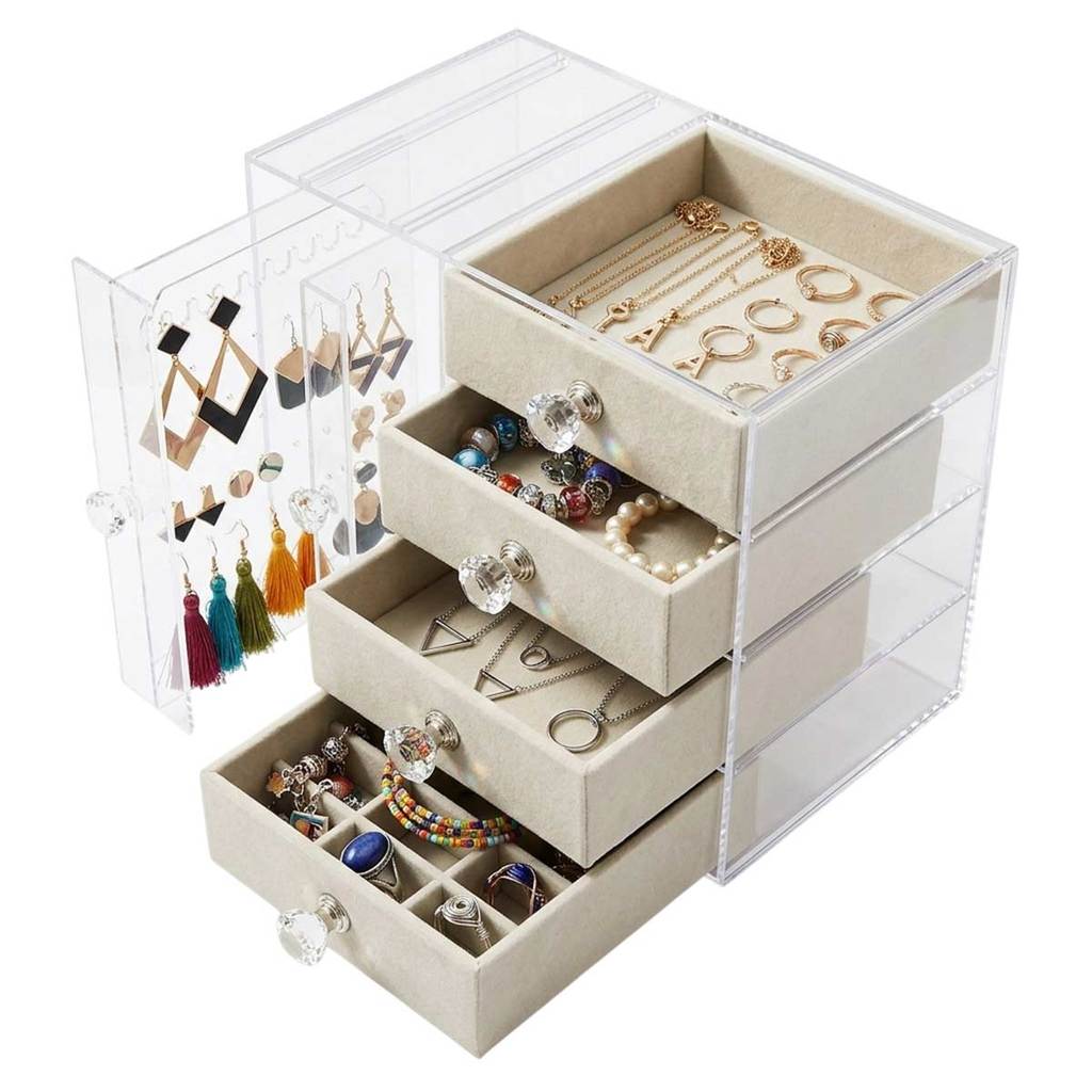 Expositor Porta Joia Acrilico Organizador Bijuteria 4 Gaveta Anel Brinco Pulseira Colar Caixa Veludo Luxo Transparente