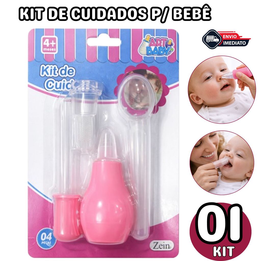 Kit Cuidados Para Bebê 4 Peças Sortidos - Aspirador Nasal + Escova De Dente + Conta-Gotas+ Colher Dosadora Infantil