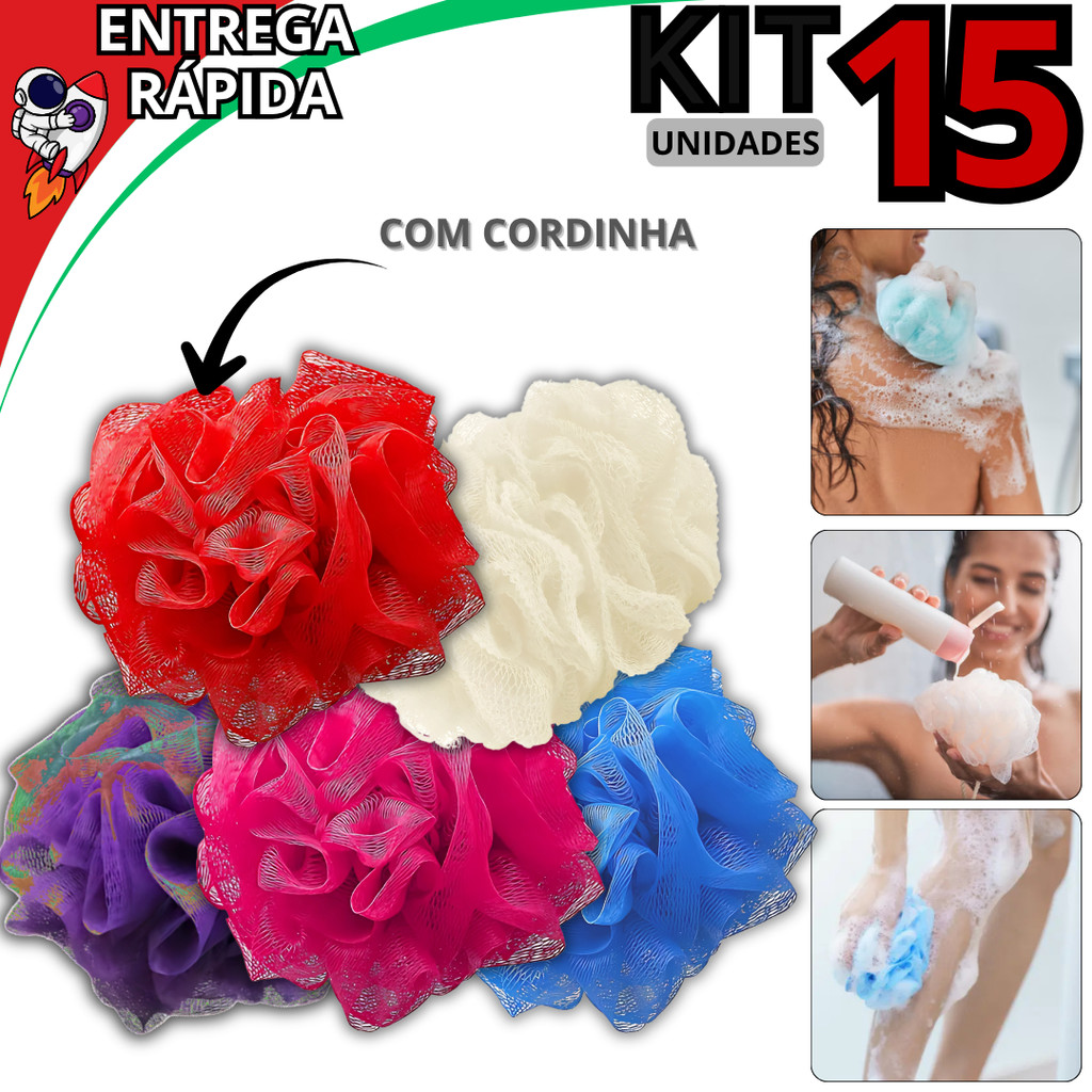 Kit 15 Esponjas de Banho Nylon Macio com Cordinha