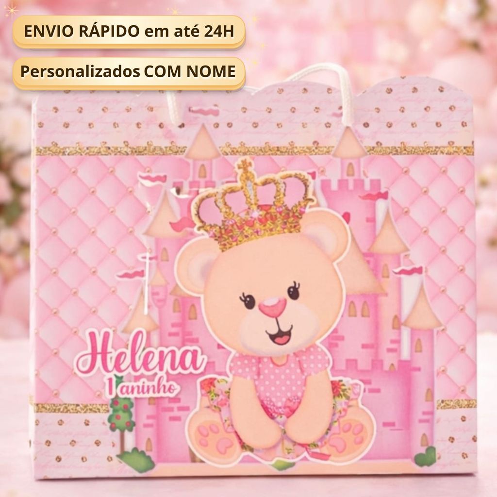 Sacolinha G Ursinha Princesa Rosa Pegue Monte Personalizada Caixinha Lembrancinha Festa Luxo Sacolinha Grande Realeza