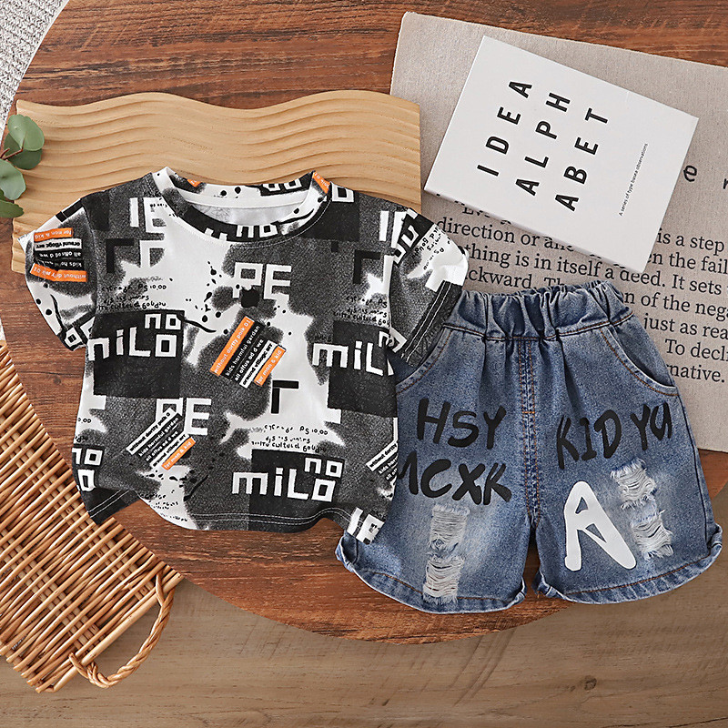 Novo 2026 Verão Bebê Meninos/Meninas Roupas Terno Crianças Moda Tinta Tingida Carta Camiseta + Jeans Rasgados 2 Pçs/Set 