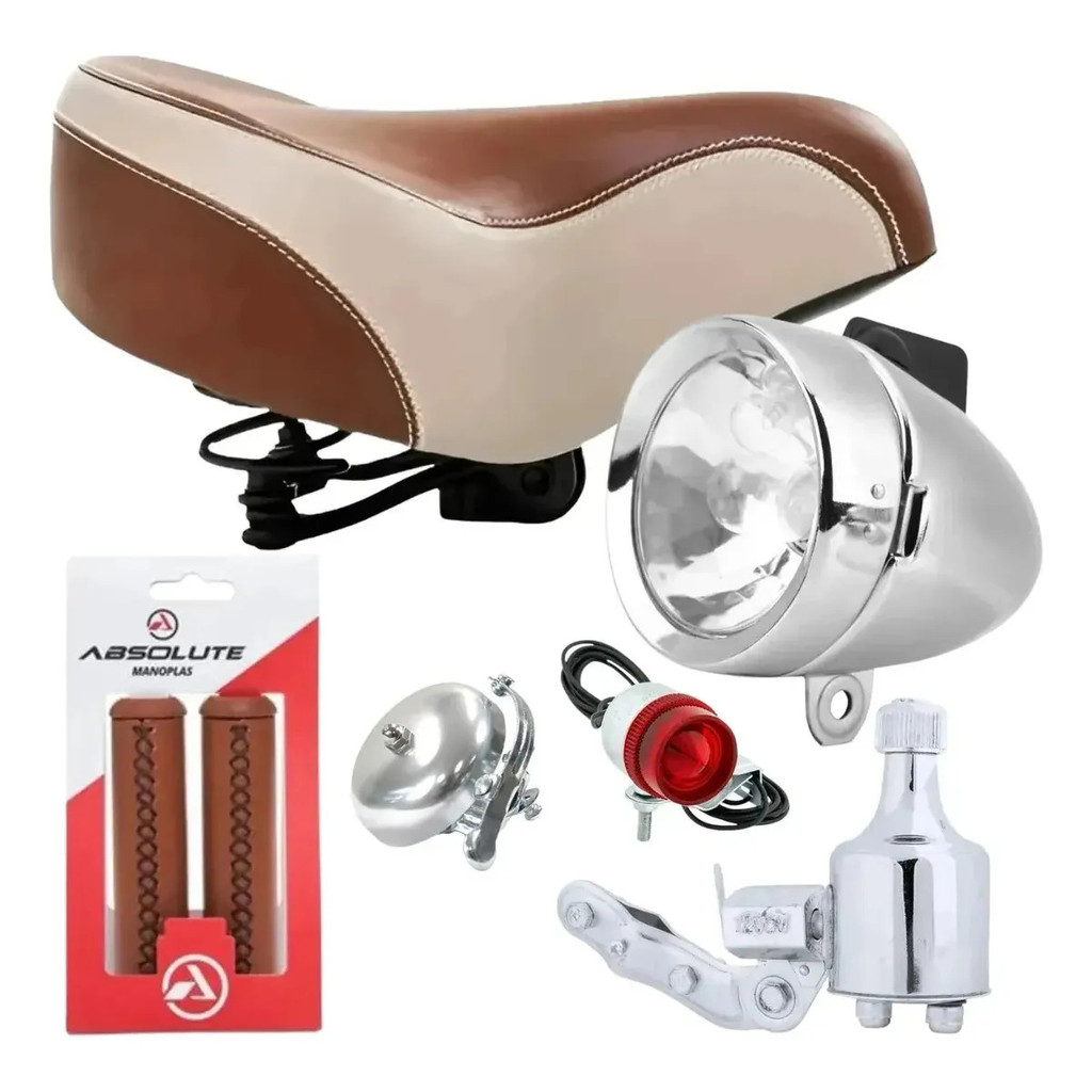 Kit Farol E Lanternas Farol Dínamo 12v Antigo Retrô Vintage Selim 2 Mola luva Marrom Campainha Ceci Barra Forte Circular
