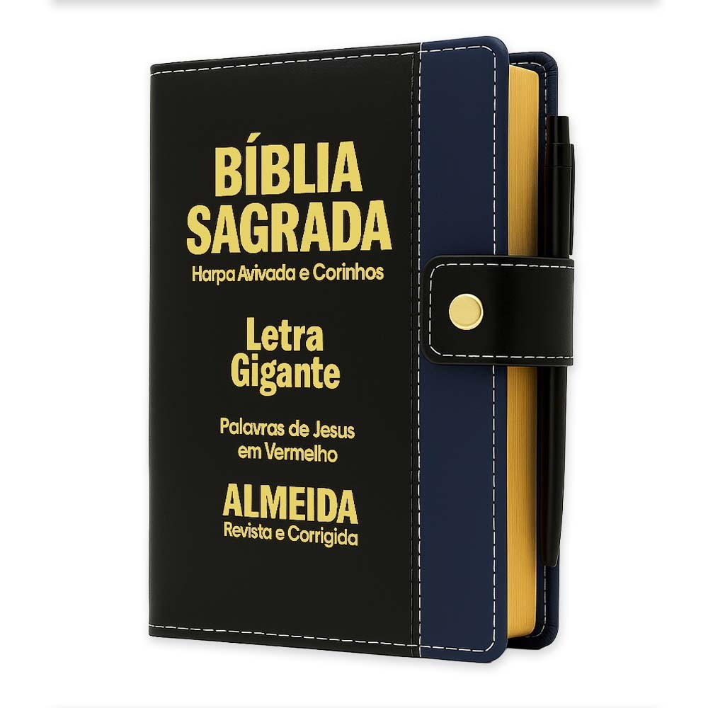 Bíblia Sagrada Letra Gigante - Preto C/ Azul - Botão e Caneta Revista e Corrigida - Com Harpa em Oferta na Shopee