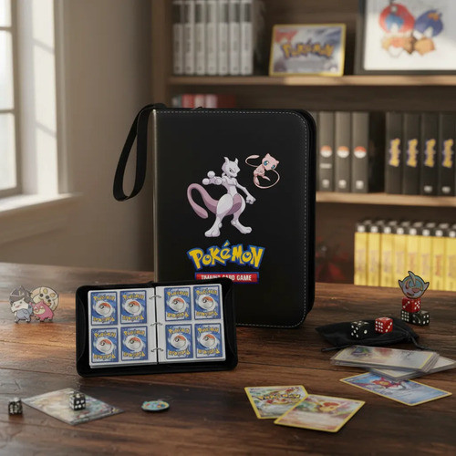 Album Pasta Fichário P/ 400 Cartas Mewtwo Pokemon C/ Ziper Preto