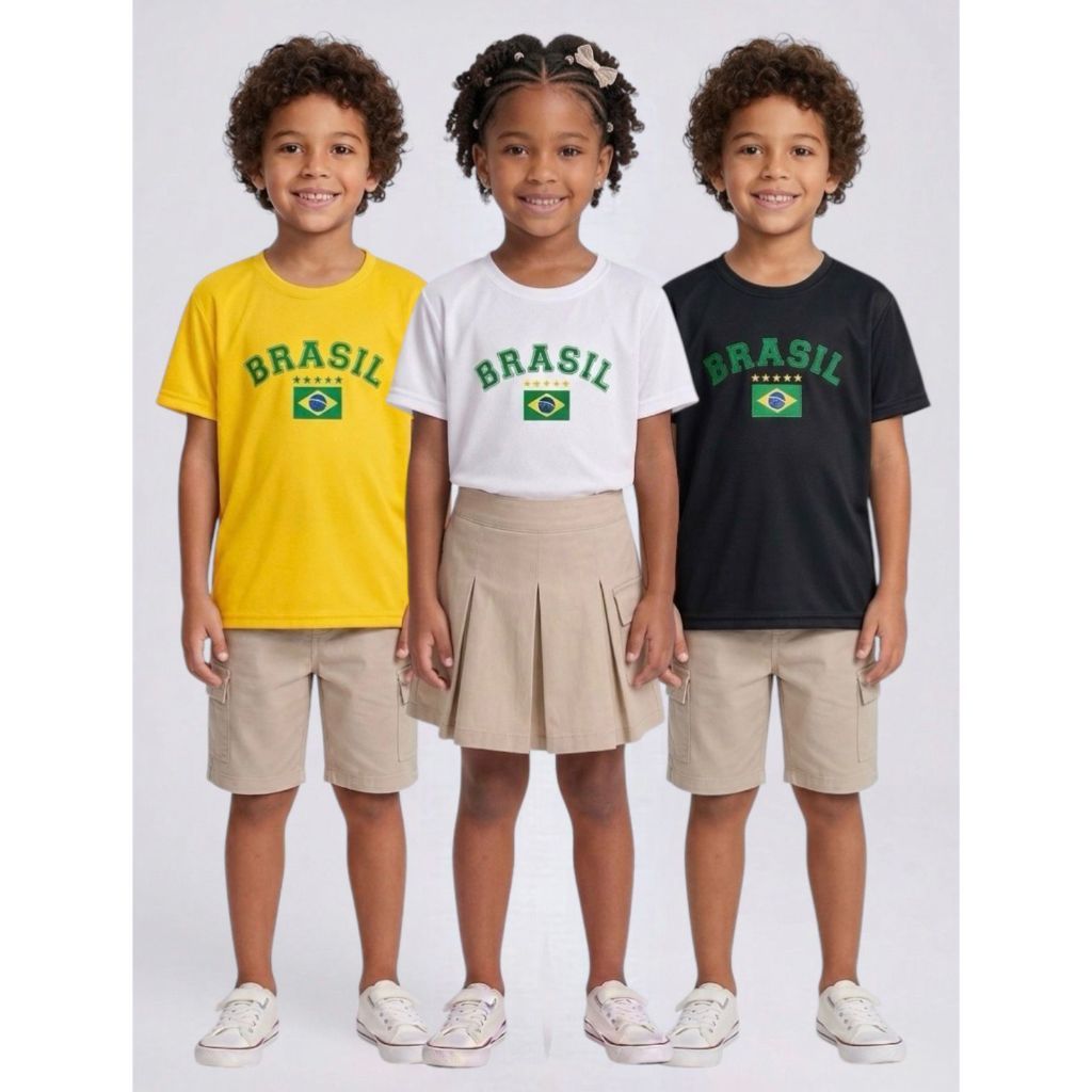 Camiseta Infantil Brasil Torcida Unissex Tam 4 ao 16 - Azul Amarela Branca ou Preta