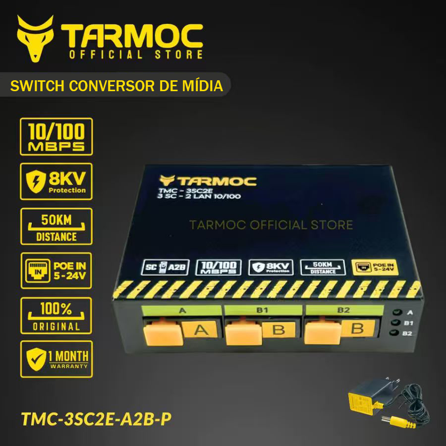 Tarmoc TMC-3SC2E-A2B-P Conversor de Mídia Fibra Óptica Switch 3 SC 2 LAN / 3FO 2 LAN 10/100 POE IN 5-24 Volts 1A/2B Lado