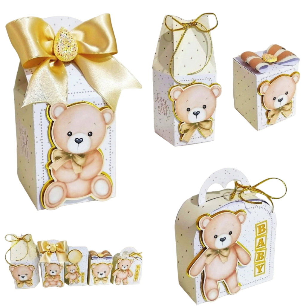 Caixinhas personalizadas, milk, cone lembrancinhas, Kit de festa aniversário Chá revelação ursinho bege e dourado