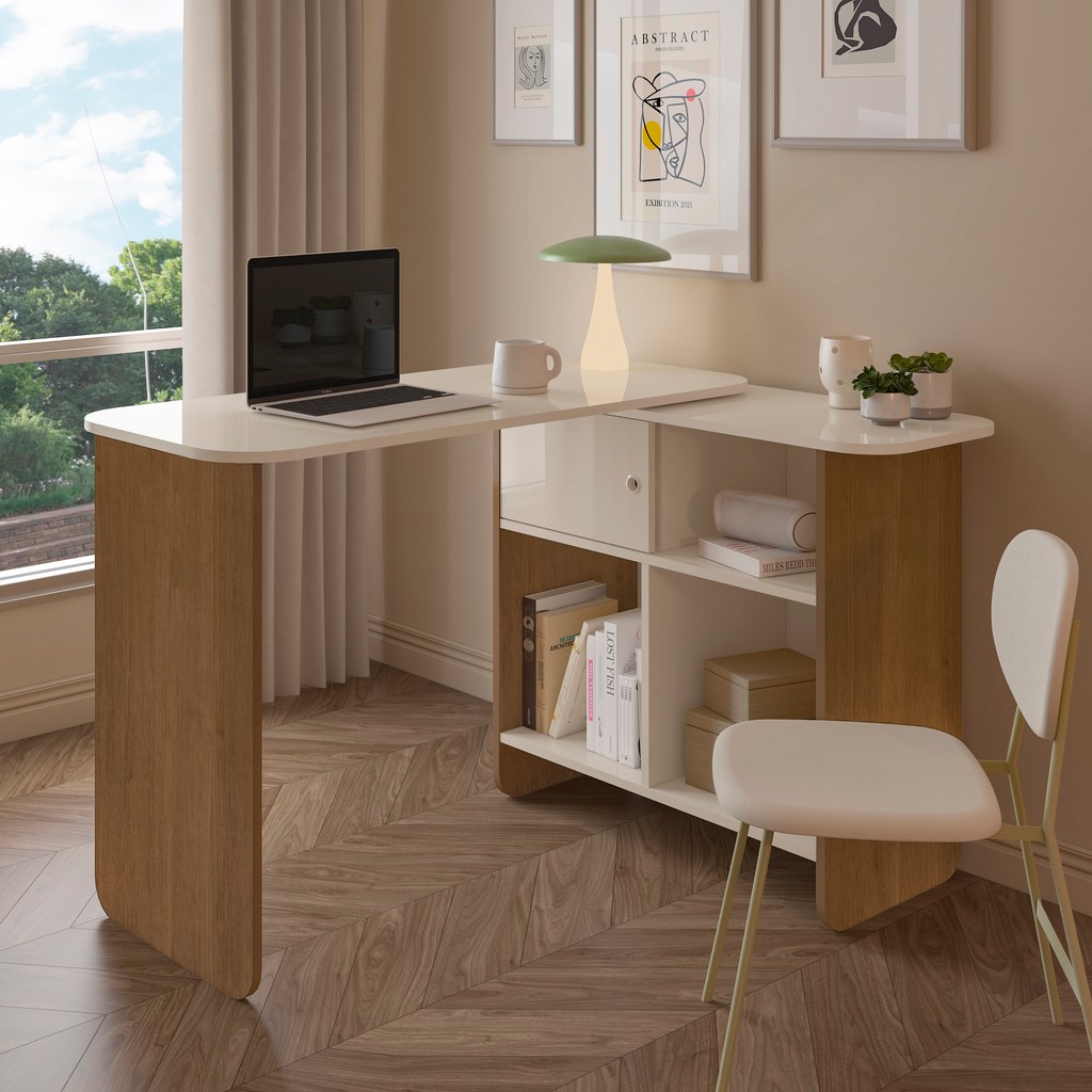 Escrivaninha Mesa Computador em L Dobrável Curva Nichos Porta Nomad Artely Off White Cinamomo