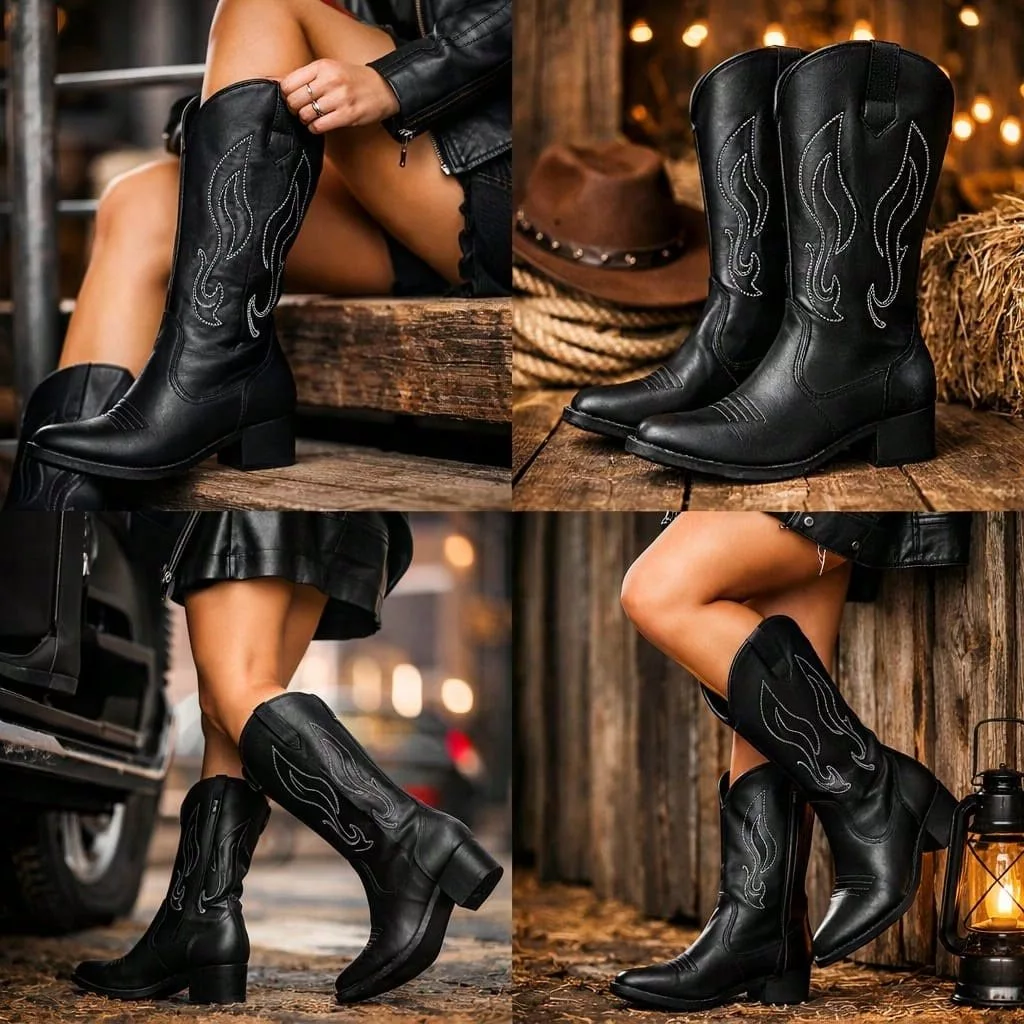 Bota Texana Feminina Montaria Western Country Bordada Bico Fino