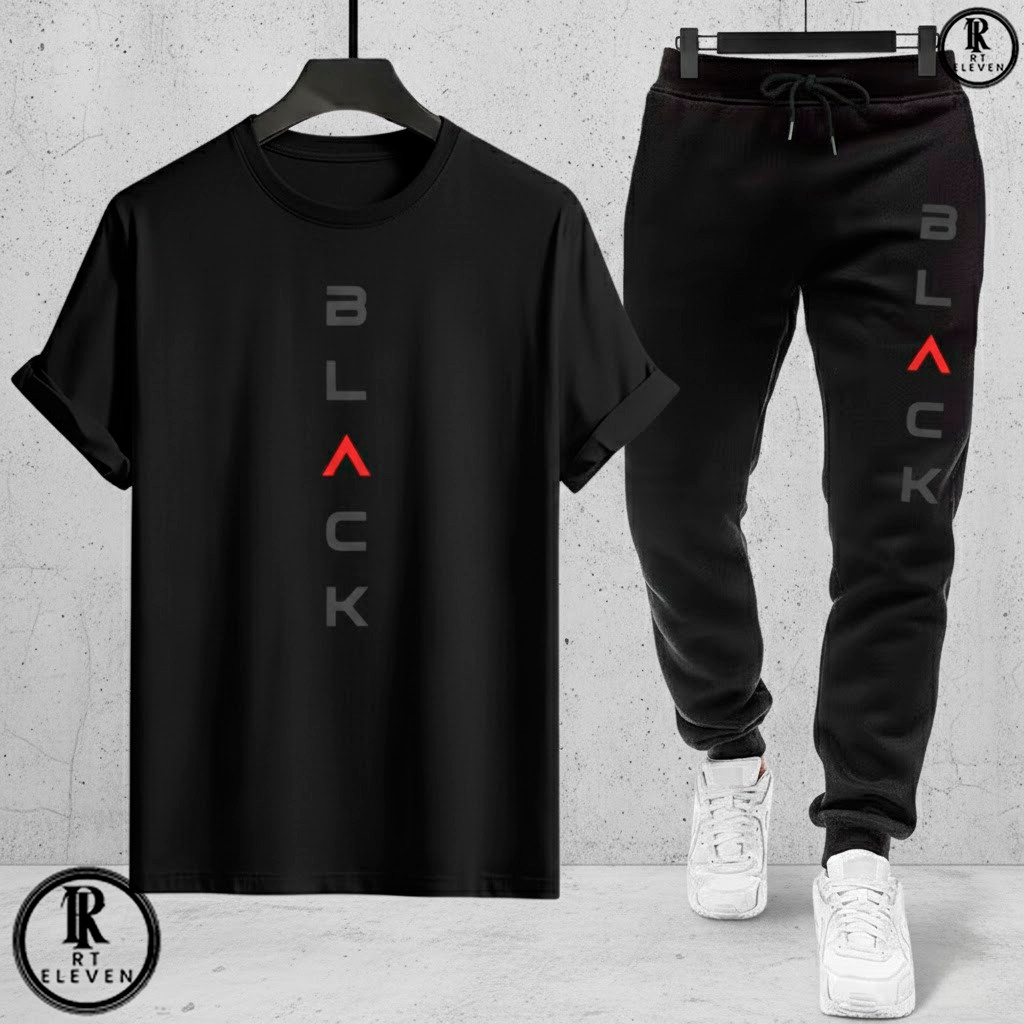 Kit Conjunto Camiseta e Calça moletom Moda masculina camiseta casual Black Malha Algodão + calça Moletom Com bolso
