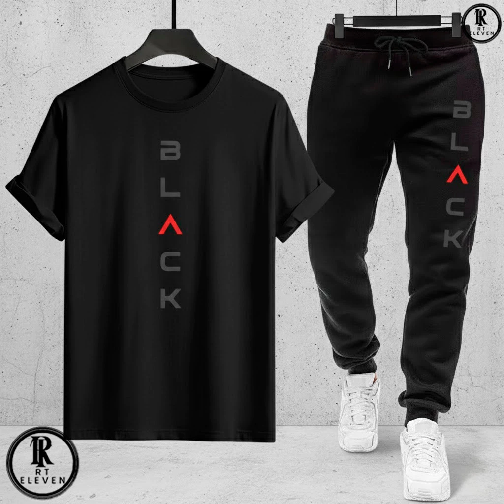 Kit Conjunto Camiseta e Calça moletom Moda masculina camiseta casual Black Malha Algodão + calça Moletom Com bolso — imagem 1