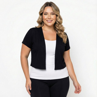 Cardigan Cropped Manga Curta Plus Size Malha Viscolycra em Oferta na Shopee