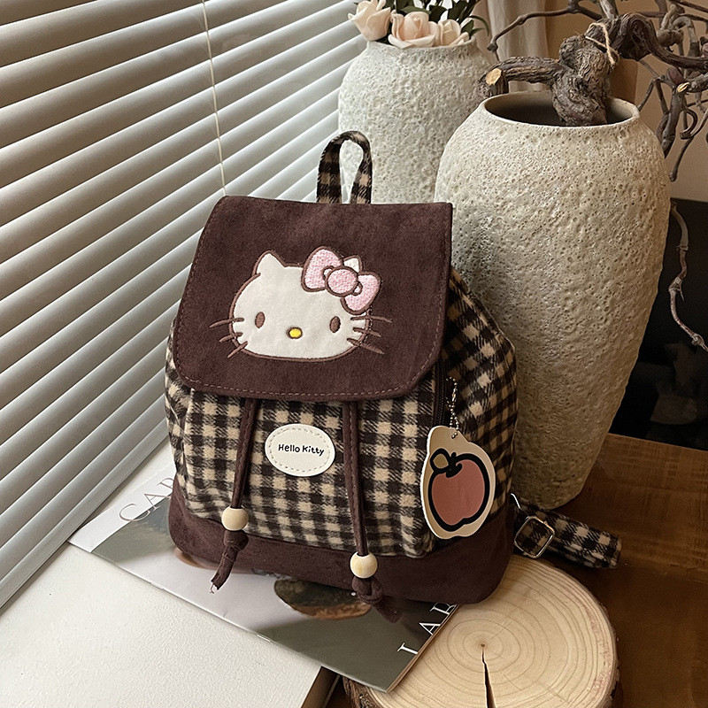 2025 Nova Mini Mochila Fofa de Desenho Animado Gato KT Moda Retro Estilosa Xadrez de Alto Valor Bolsa Escolar Exquisita