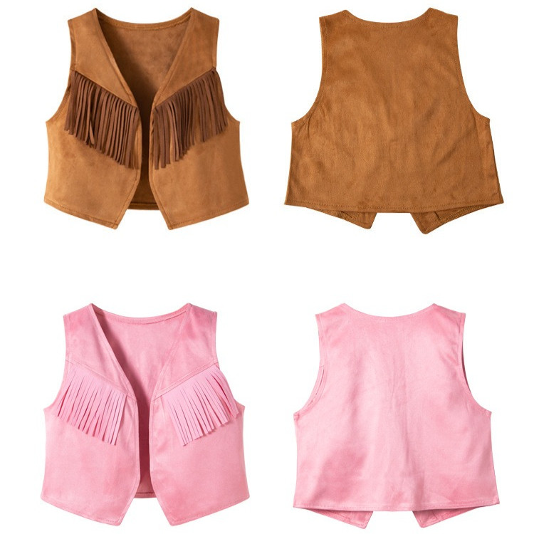 Moda Rosa Marrom Ocidental Cowboy Colete Para Crianças Meninos Traje De Férias Carnaval Desempenho Camurça Borla Bebê Me