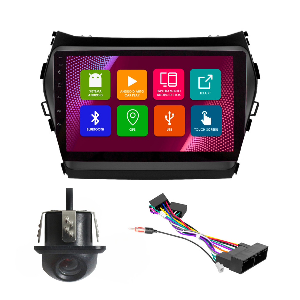 Kit Multimidia 9 Pol Santa Fé 2014 2015 2016 2017 Android 2Gb Ram 32Gb Flash Quad-Core Qa+ 2 Din Preto Wifi Gps Ips