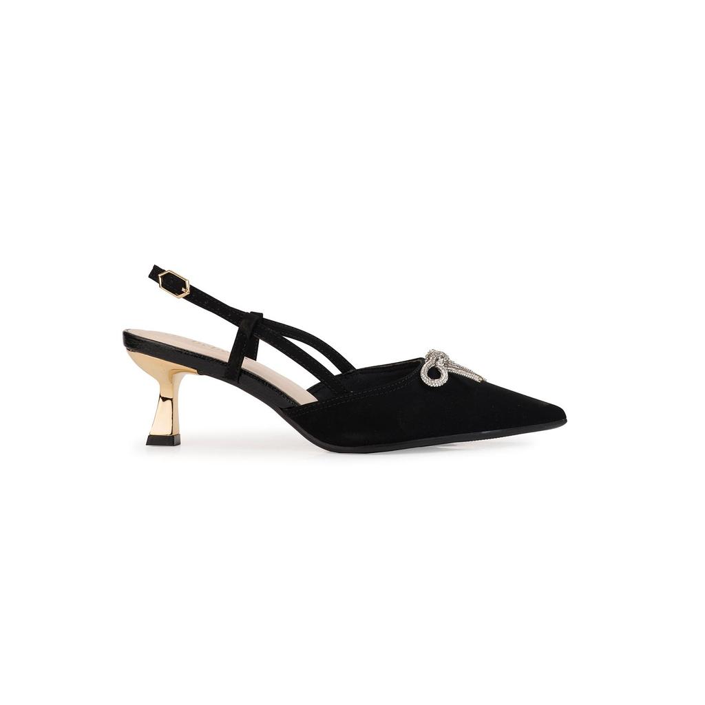 Scarpin Slingback Bebecê Salto Médio Cromado Com Laço Em Strass e Fivela