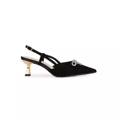 Scarpin Slingback Bebecê Salto Médio Cromado Com Laço Em Strass e Fivela