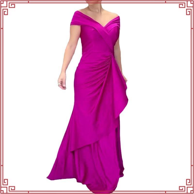 vestido longo de festa ombro a ombro com fenda drapeado elegante rose fucsia marsala marrom + cores