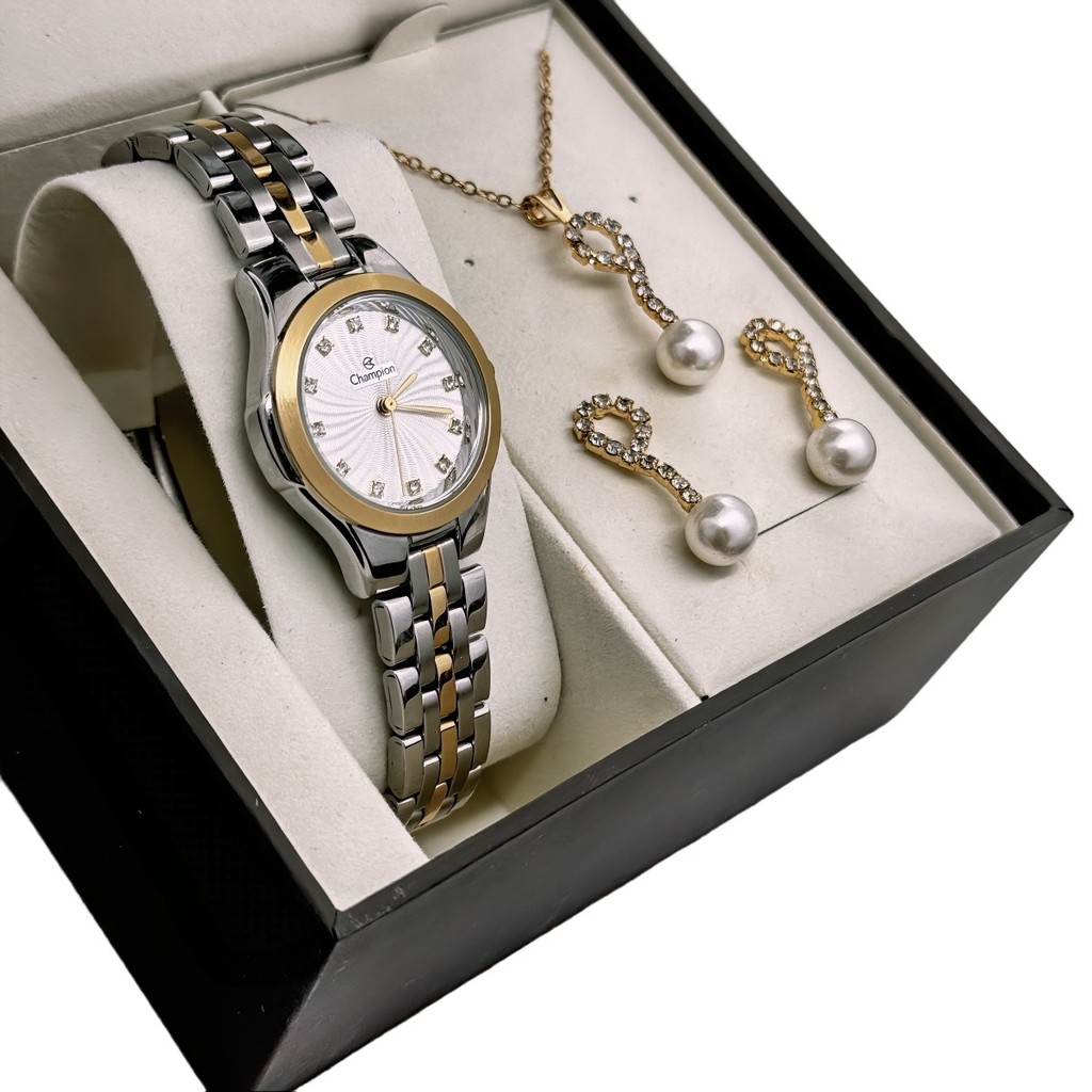 Kit Relógio Feminino Champion Prata e Dourado + Brinco e Colar Dourado Original Presente CN25458D