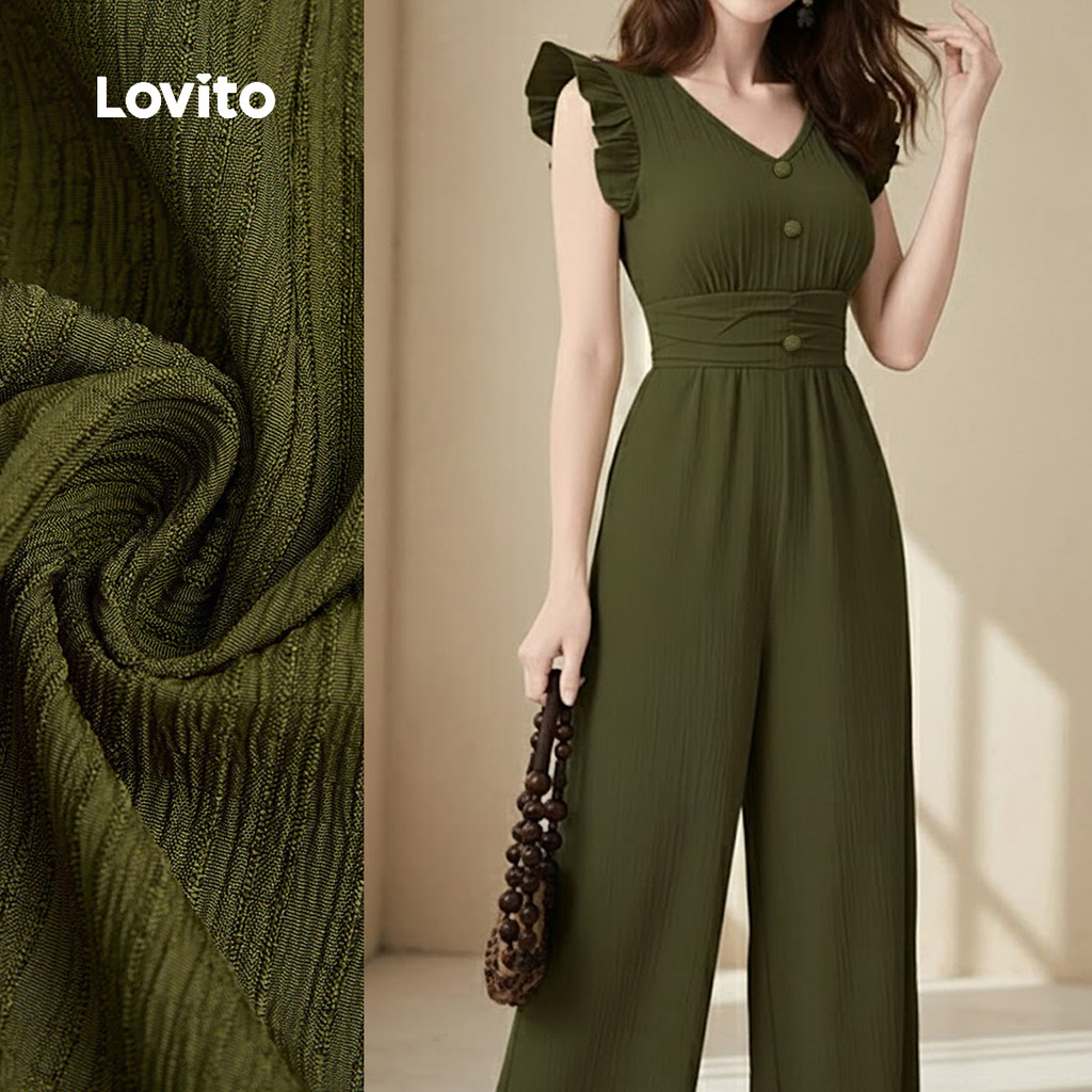 Lovito Macacão Casual Jacquard Babado Primavera/verão Macacão Verde para Mulheres LK2ED079 em Oferta na Shopee