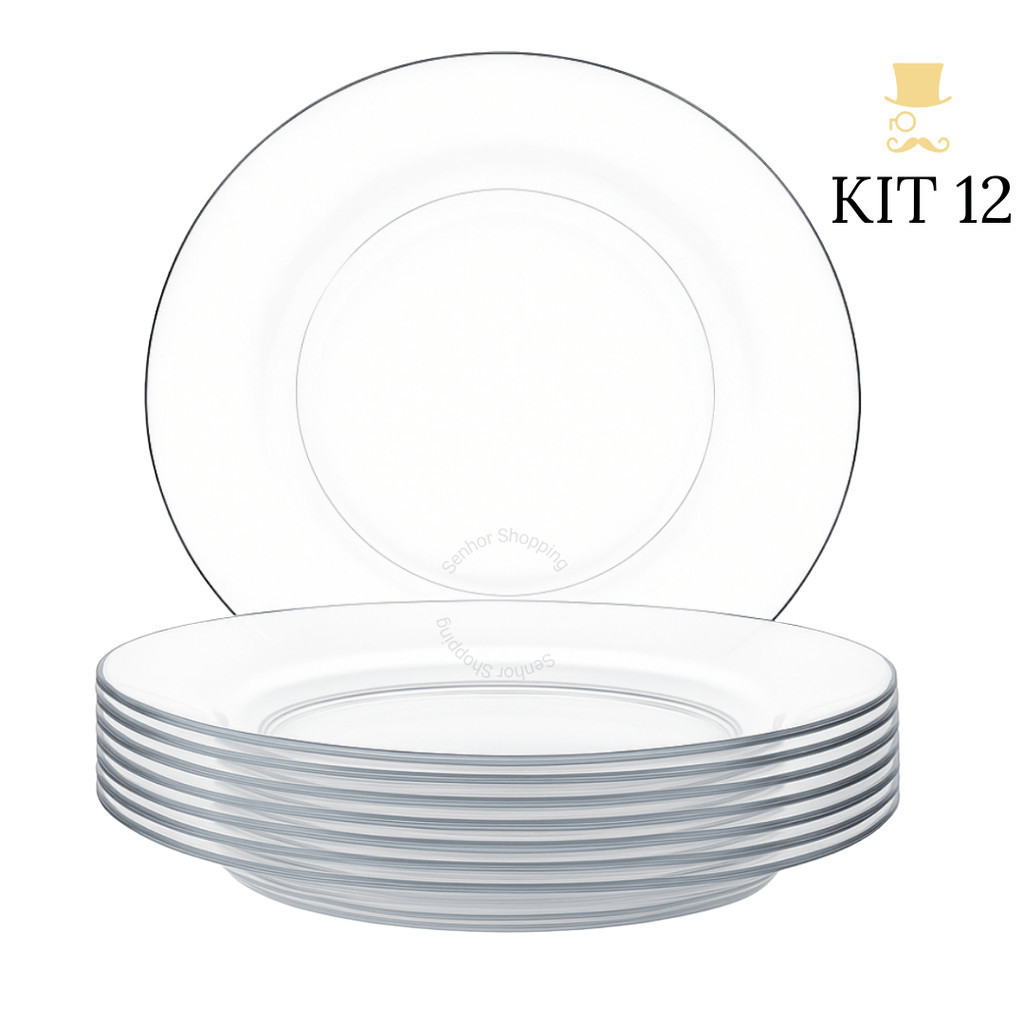 Kit 4/8/12 Pratos Fundo Liso de Vidro -  Transparente e Resistente