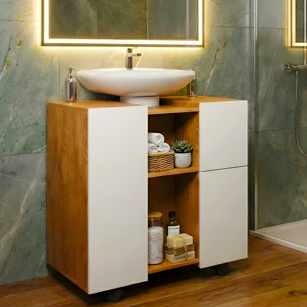*PROMOÇÃO* Armário Para Pia de Coluna de Banheiro Gabinete Com Rodinha Porta e Nicho Gaveta S Cuba