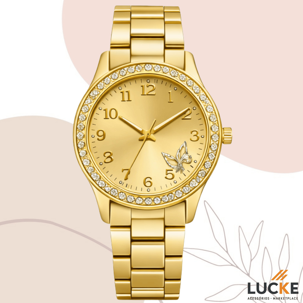 Relógio Feminino Dourado Banhado a Ouro 18K Resistente a Água Quartzo em Aço Inoxidável Pallyjane