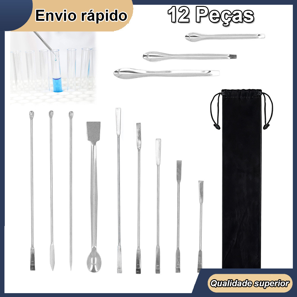Kit de Espátulas para Laboratório 12 Peças em Aço Inox com Colher e Bolsa