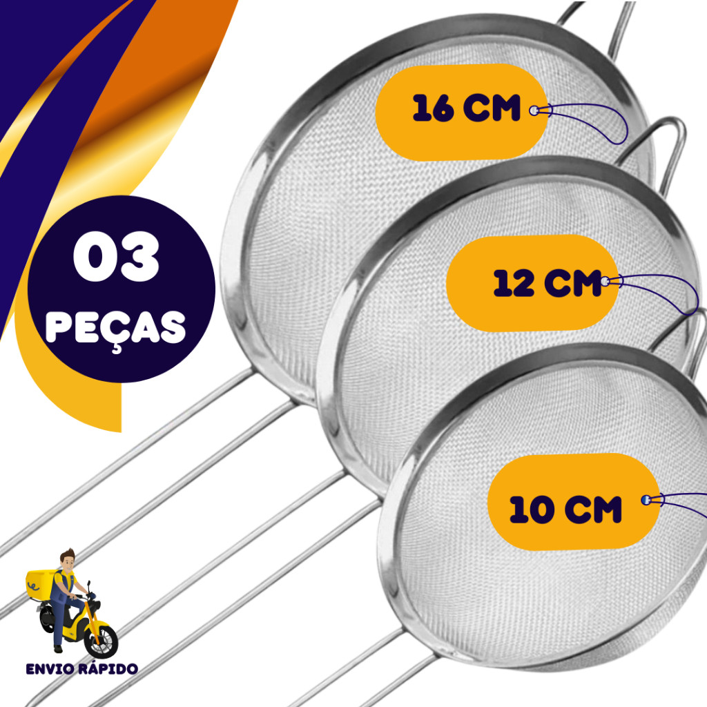 Kit 3 Peneiras Coador  Para Sucos Leite Bebidas Farinhas   3 Peças 10cm -12 cm - 16 cm ATENÇÃO AS MEDIDAS DO PRODUTO