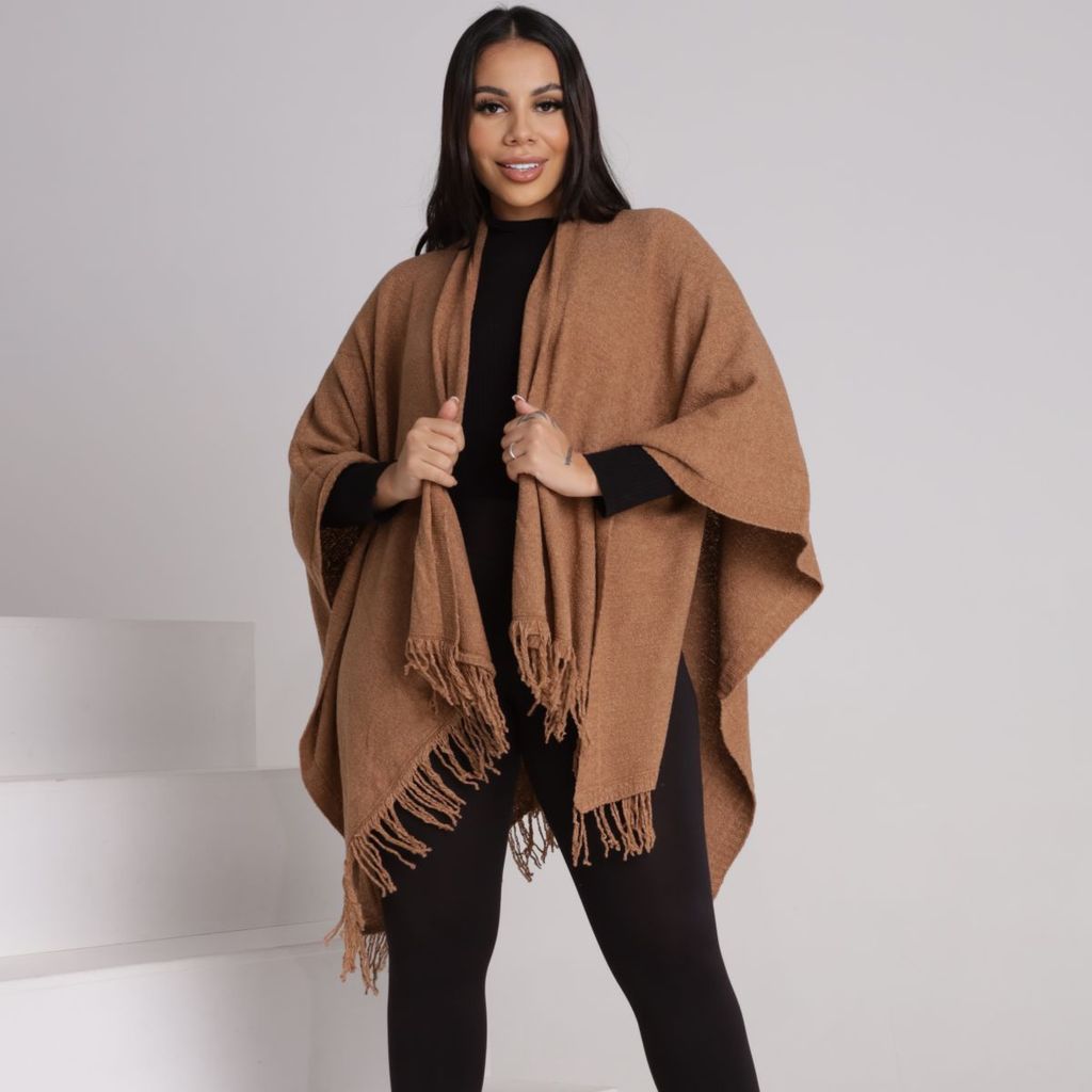 Colete Chale Capa Kimono Poncho Blusa Feminina Trico Manga Longa Inverno Lã