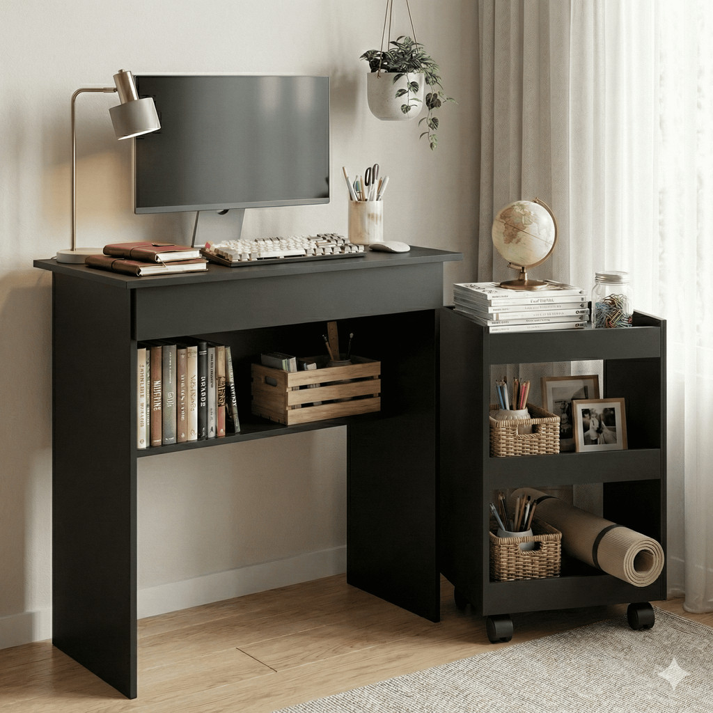 Kit Estudo Home Office Mesa Compacta + Armário para Livros com Rodinhas